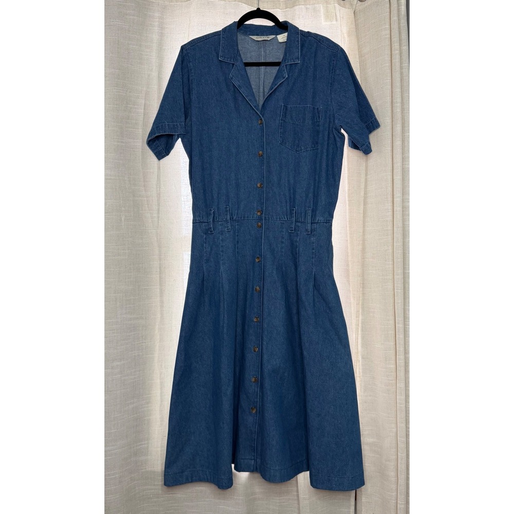 Vintage Orvis Denim Shirt Dress Midi Button Front Short Sleeve Blue Women's 16